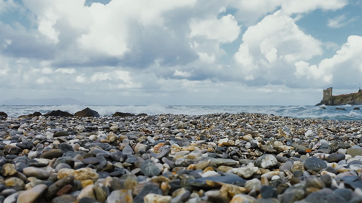 gray stones, rock, clouds, water, sea, cloud - sky, solid, beach