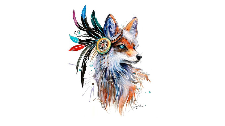 red fox illustration, drawing, feathers, colorful, simple background, HD wallpaper