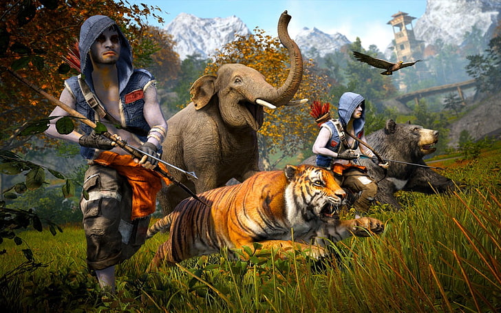 animals and two people illustration, Far Cry 4, tiger, elephant