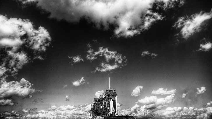 rocket, spaceship, monochrome, launching, clouds, sky, cloud - sky, HD wallpaper