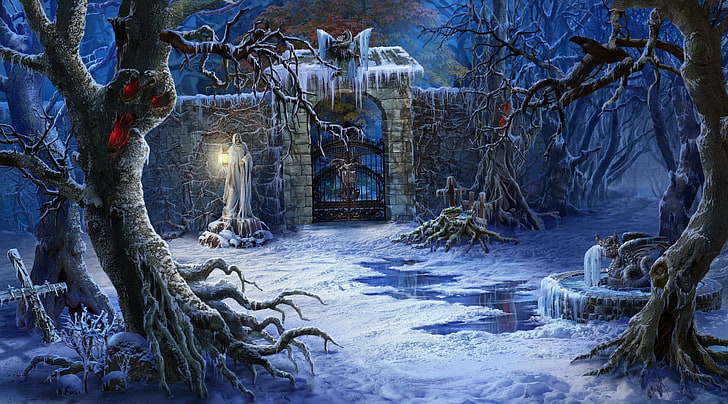 fantasy art, artwork, dark, tree, cold temperature, winter