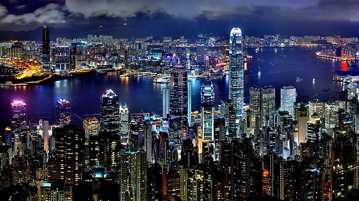 lighted cityscape, building, lights, Hong Kong, building exterior