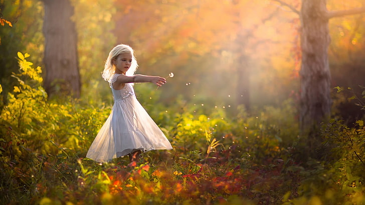 girl's white dress, children, little girl, dandelion, depth of field, HD wallpaper