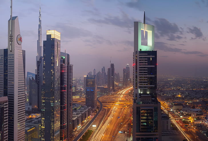 UAE city of Dubai, lights, evening, Night, HD wallpaper