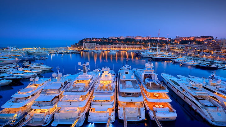 yacht, marina, monaco, harbor, port, dock, dusk, port hercules, HD wallpaper