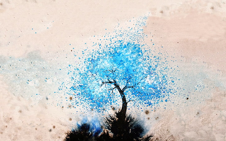 blue leafed tree painting, artwork, trees, digital art, nature, HD wallpaper