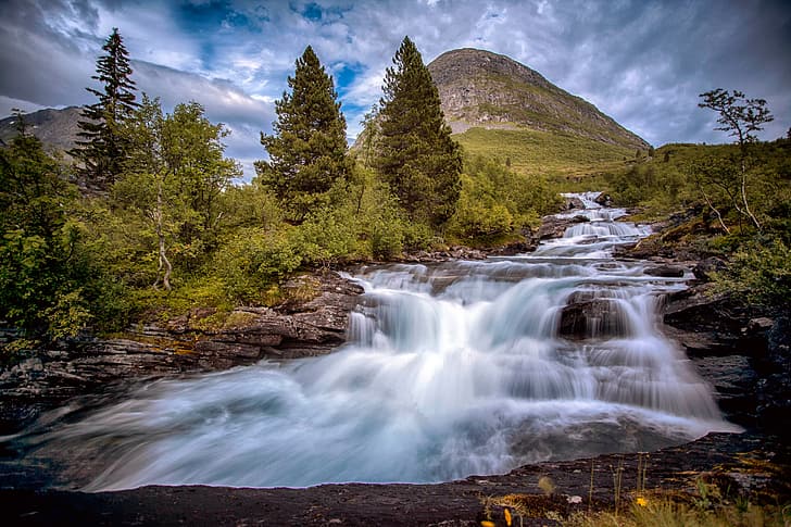 trees, mountain, Norway, river, cascade, Romsdal, Valldalfoss, HD wallpaper