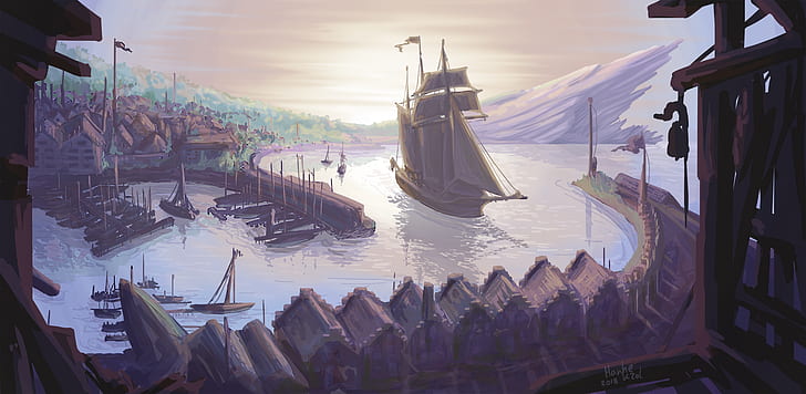 Fantasy, Ship, Harbor, Town, HD wallpaper