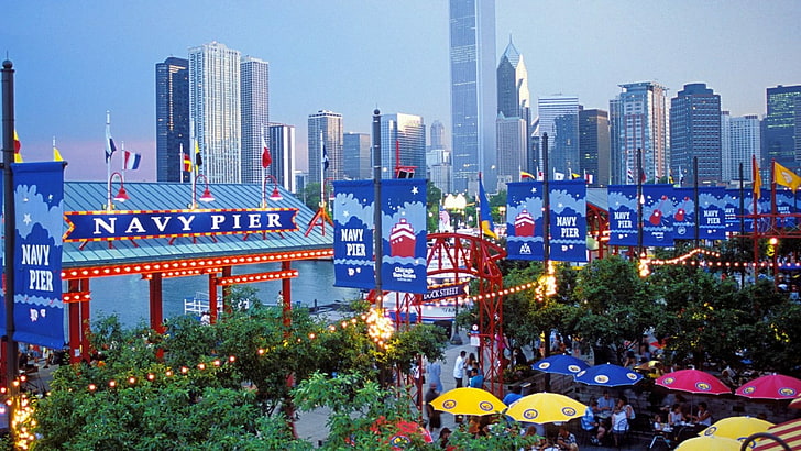 metropolitan area, city, navy pier, chicago, skyline, cityscape, HD wallpaper
