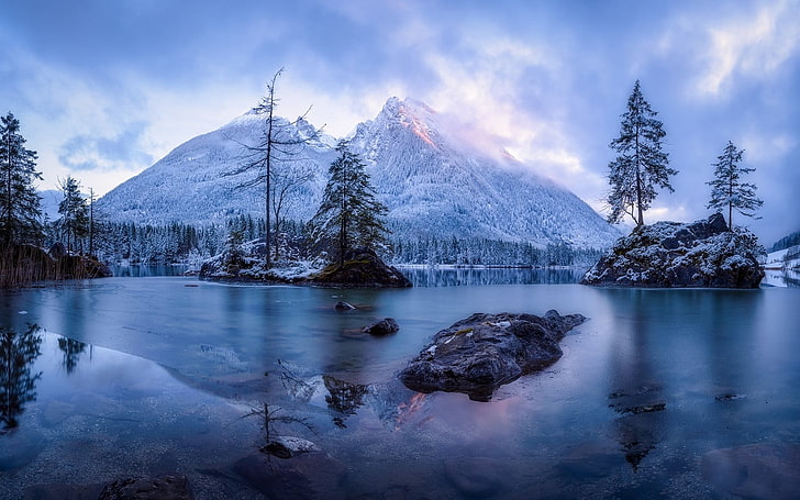 snow mountain beside body of water, nature, landscape, winter