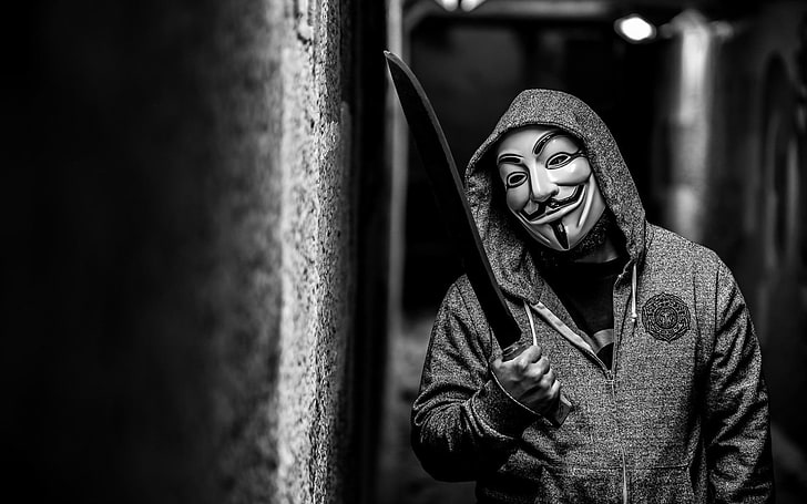Vendetta, Anonymous, mask, hoods, machete, knife, one person