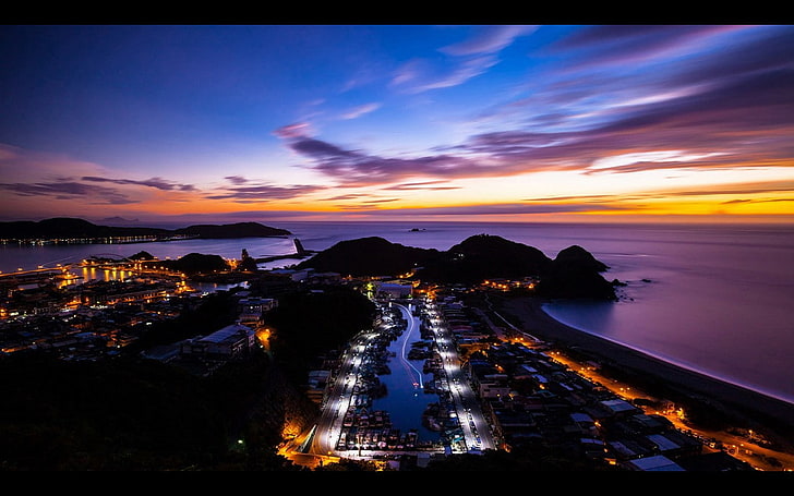 Taiwan, lights, coast, silhouette, clouds, landscape, sky, sunset, HD wallpaper