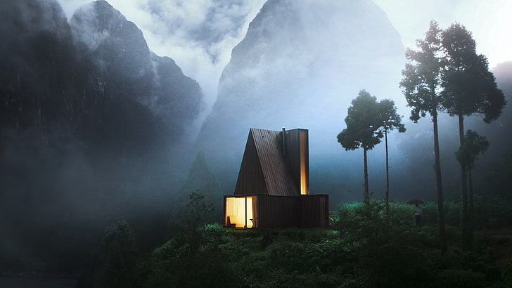 modern brown house, nature, trees, mountains, mist, fog, plant