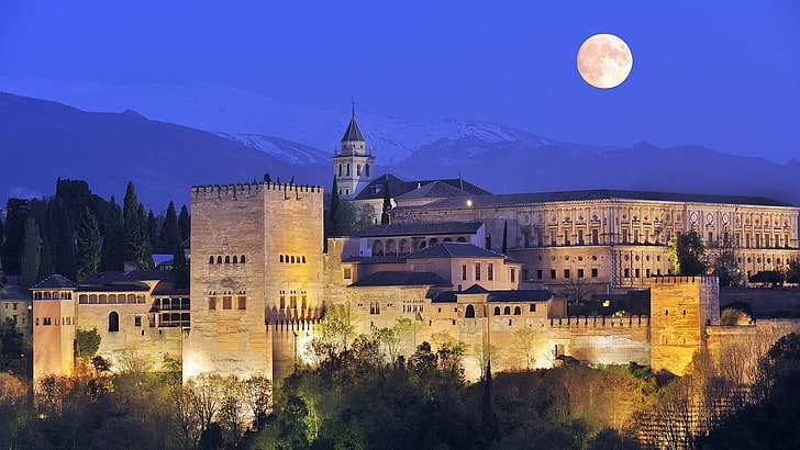 medieval architecture, spain, granada, alhambra, history, moon, HD wallpaper