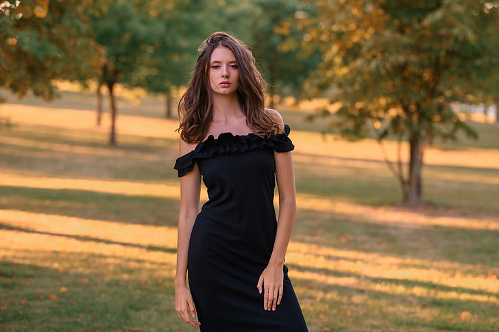 Disha Shemetova, black clothing, black dress, portrait, trees, HD wallpaper