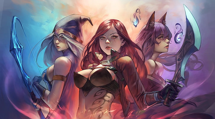 LOL Katarina illustration, League of Legends, Ahri, Ashe, women, HD wallpaper
