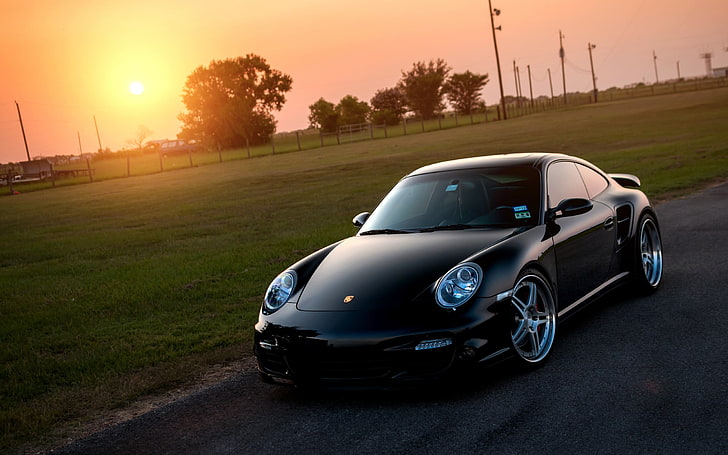 black coupe, car, Porsche, vehicle, Sun, Porsche 911 Turbo, mode of transportation