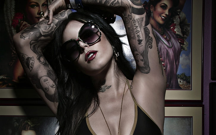 women, model, tattoo, women with glasses, black hair, Kat Von D