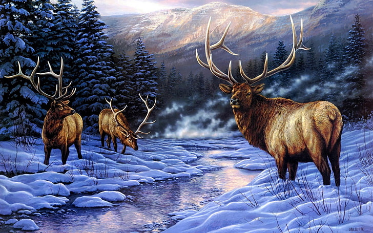 elk, artwork, winter, animals, painting