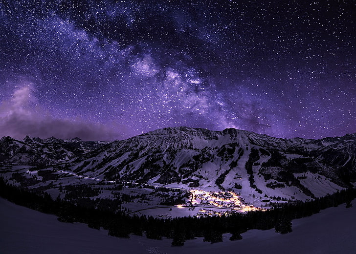 black and white snow coated mountain, stars, night, landscape