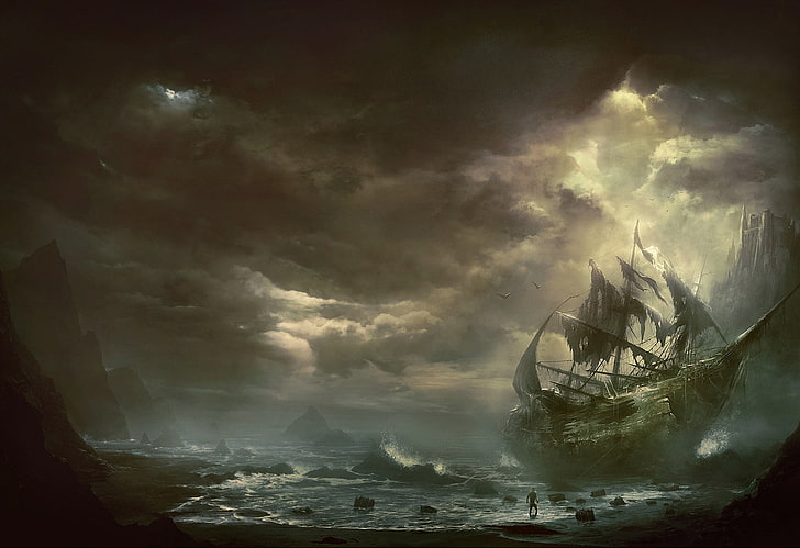 brown galleon ship painting, sea, mountains, clouds, people, sailboat
