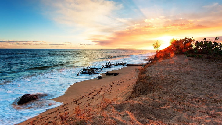 brown sand beach, landscape, water, sky, sunset, sea, scenics - nature, HD wallpaper