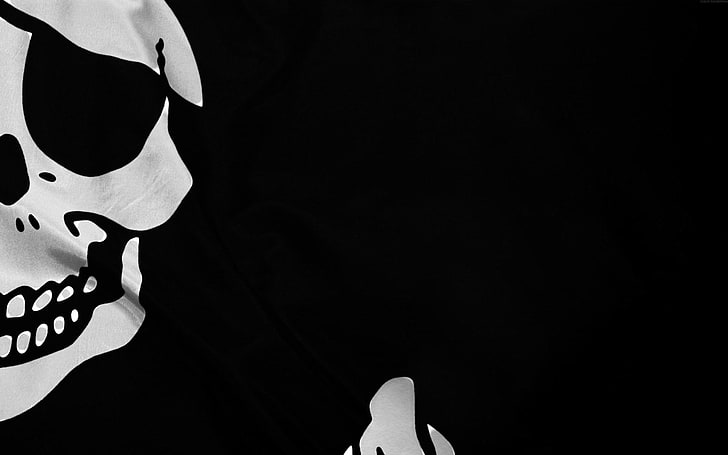 black and white skull-printed cloth, pirates, flag, black background, HD wallpaper