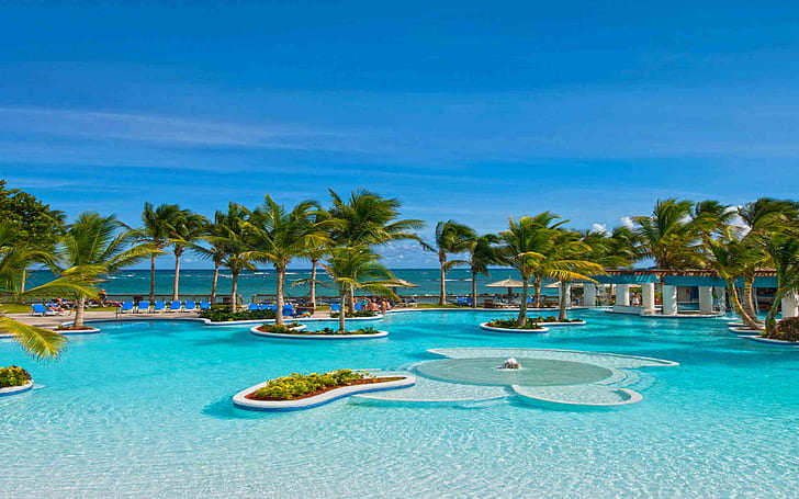 Caribbean Tropical Beaches Resorts Palm Trees Trees Blue Ocean Sandy Beaches Pure Blue Sky Summer Photo Wallpaper Hd 1920×1200