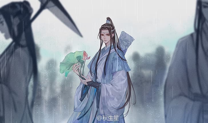 people, umbrella, the shower, long hair, Lotus leaf, Chinese clothing