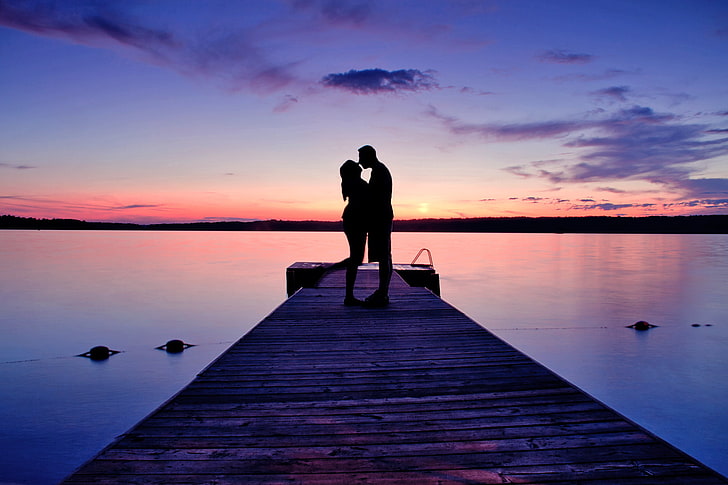 couple silhouette photo, love, sunset, lake, the evening, pier, HD wallpaper