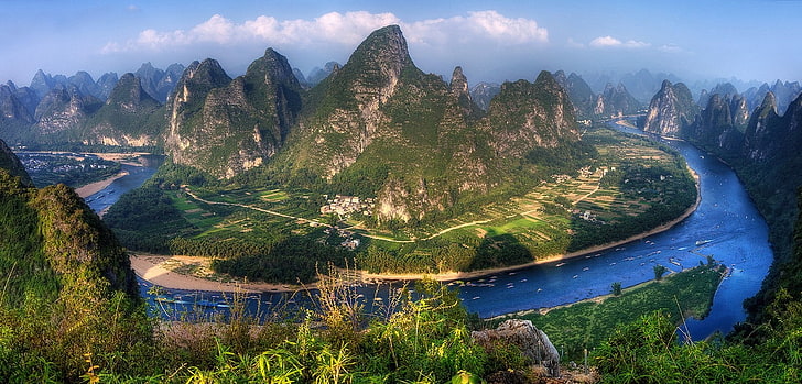 panoramas, river, mountains, villages, China, field, road, boat, HD wallpaper