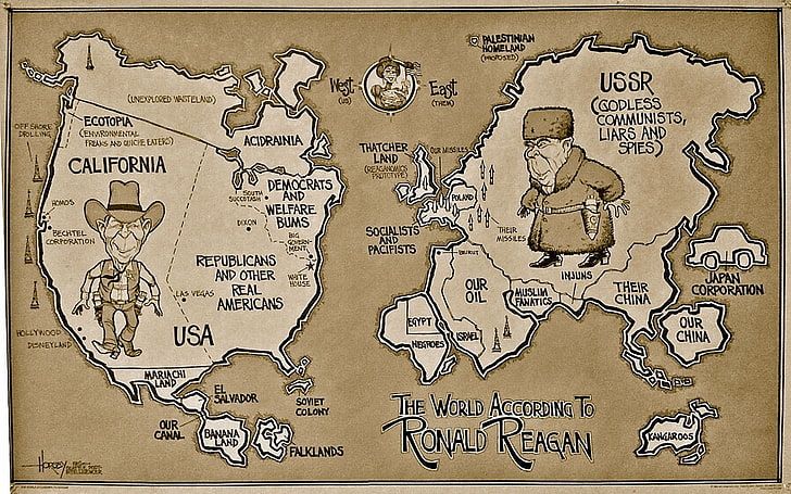 Ronald Reagan map, politics, caricature, humor, world map, text