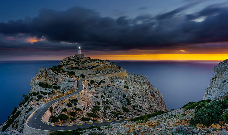 road, sea, the sky, clouds, stones, rocks, dawn, coast, lighthouse