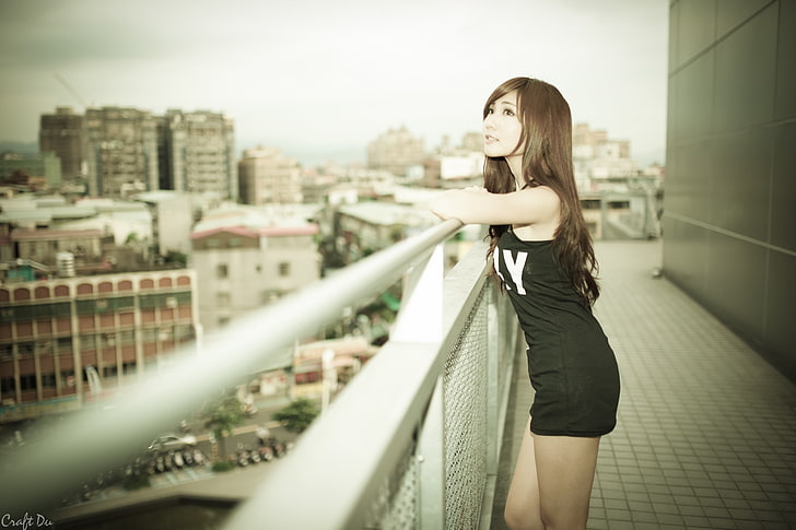 Asian, women, standing, black dress, outdoors, brunette, long hair, HD wallpaper