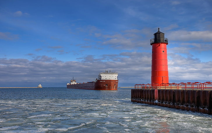 oil tanker, ice, lighthouse, sea, vehicle, ship, sky, built structure