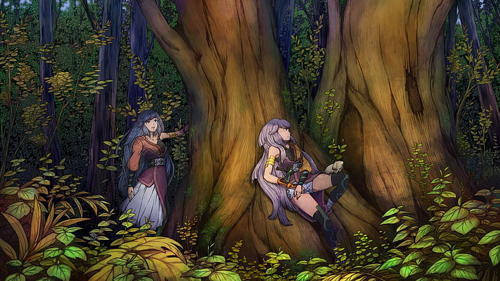 anime girls, soft shading, trees, forest, adult, plant, women