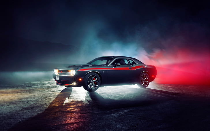 Dodge Challenger RT, black and red sports car, Cars s