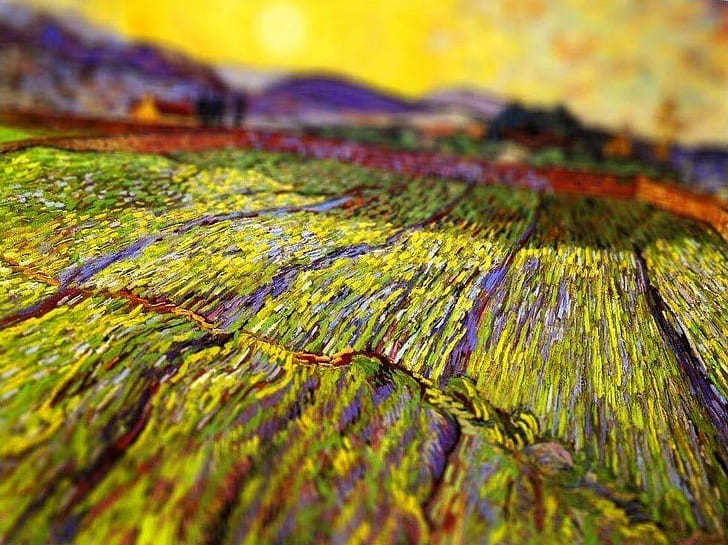 vincent van gogh tiltshift typical painting artworf field, multi colored