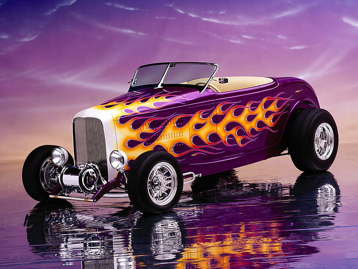 1932 Ford Hi Boy Roadster, purple, white, and orange flames hot rod car, HD wallpaper