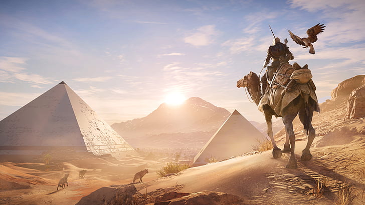 Hunting With Falcon Hunter Riding On Camilla In The Desert Of Ancient Egypt Pyramids In Giza   Desktop Wallpaper Hd 3840×2160