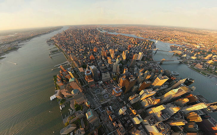 city, urban, Manhattan, New York City, aerial view, river, cityscape