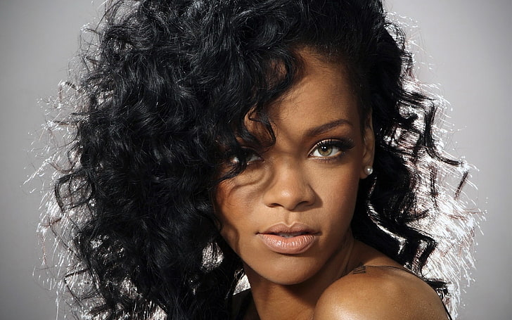 Rihanna, eyes, look, background, hair, singer, curls, portrait, HD wallpaper