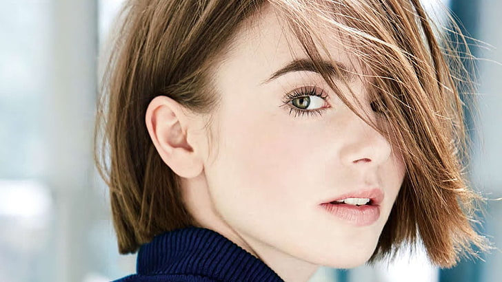 Lily Collins, women, hair in face, looking back, actress, long eyelashes