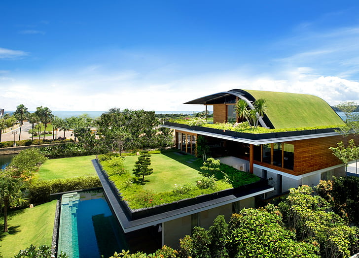 landscape, building, grass, swimming pool, house