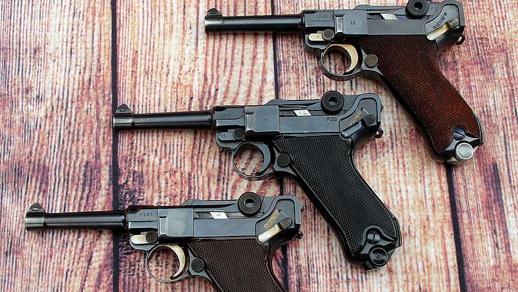 three black pistols, guns, Parabellum, P08, Luger, weapon, handgun, HD wallpaper