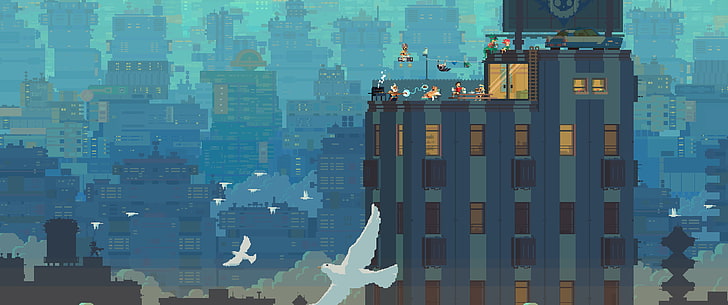 blue building illustration, Super Time Force, pixels, pixel art, HD wallpaper