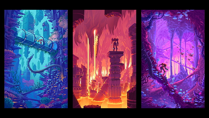 three panel game cover, Metroid, video games, artwork, fantasy art, HD wallpaper