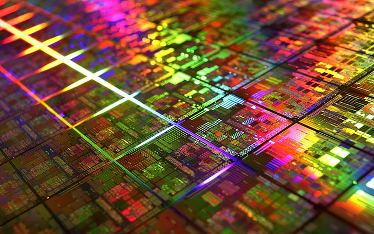 Colorful, CPU, DIE, geometry, gold, IT, Microchip, photography, HD wallpaper