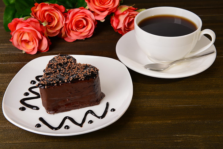 HD wallpaper: chocolate cake, coffee, roses, dessert, food, gourmet, sweet  Food | Wallpaper Flare