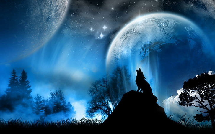 The Lone Wolf, silhouette of a howling wolf and two planets graphic art
